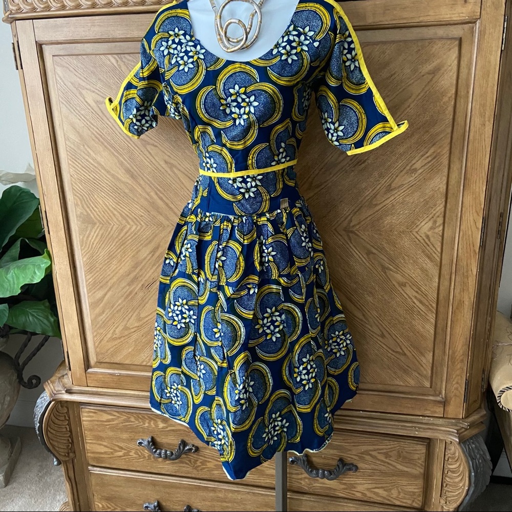 Blue Yellow Floral dramatic cold shoulder Dress